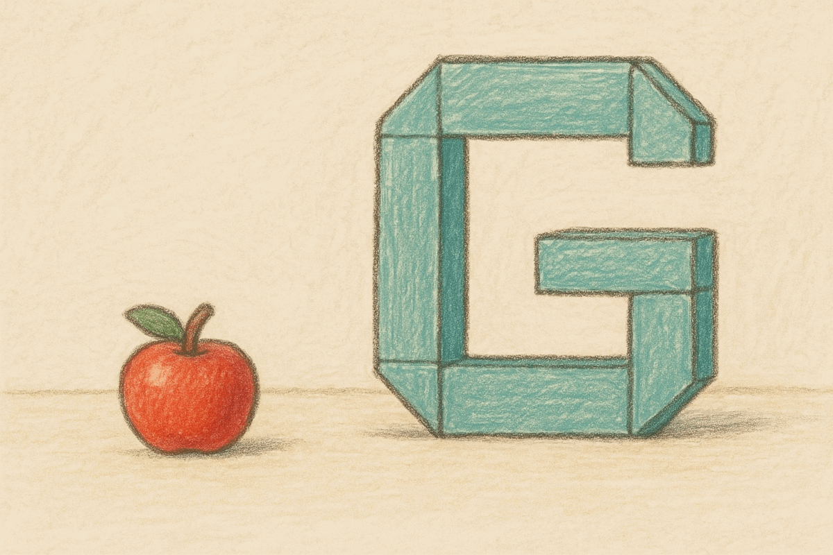 Illustration of a small red apple next to a large, blocky, light blue letter 'G', symbolizing Apple challenging Google's search dominance with its AI search exploration.