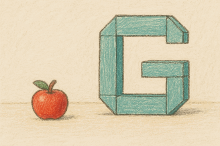 Illustration of a small red apple next to a large, blocky, light blue letter 'G', symbolizing Apple challenging Google's search dominance with its AI search exploration.