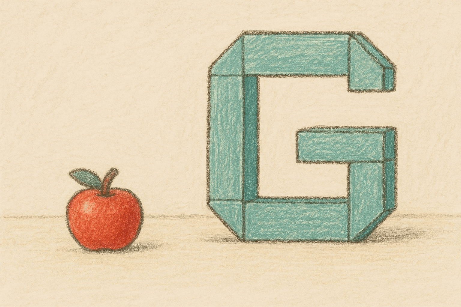 Illustration of a small red apple next to a large, blocky, light blue letter 'G', symbolizing Apple challenging Google's search dominance with its AI search exploration.